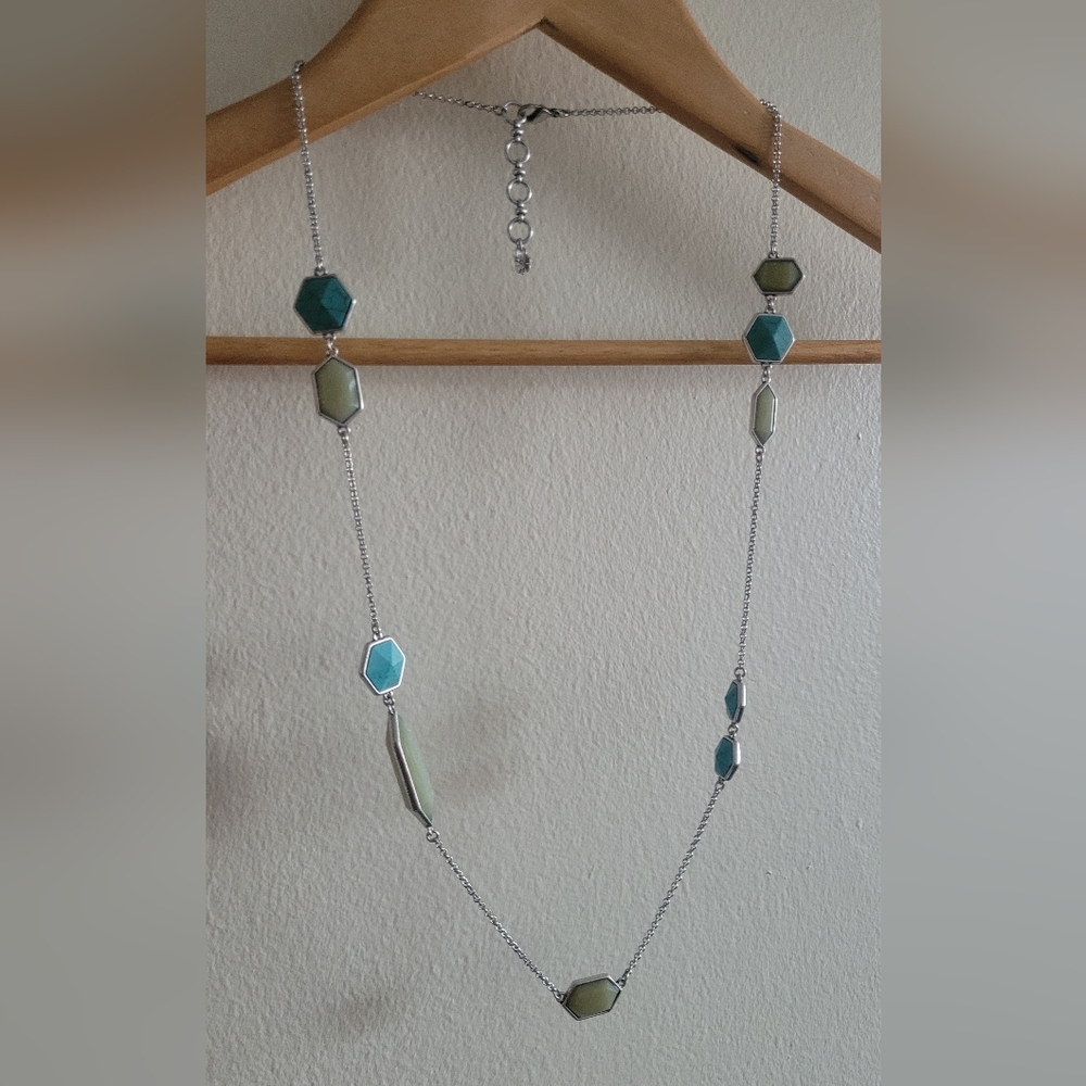 Lucky Brand turquoise and mossy green stone silver toned necklace